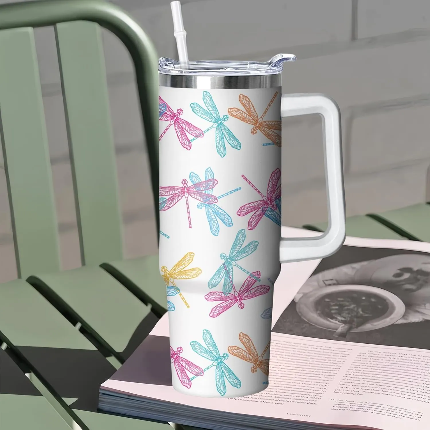 30 oz Dragonfly Tumbler with Handle and Straw, Insulated Stainless Steel Cup with Lid, Travel Coffee Mug Water Bottle, Gifts for Woman Animal Lovers