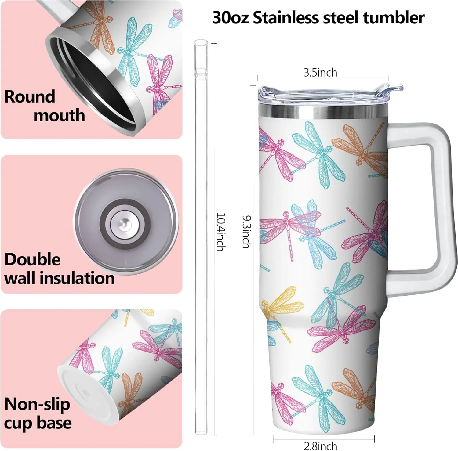 30 oz Dragonfly Tumbler with Handle and Straw, Insulated Stainless Steel Cup with Lid, Travel Coffee Mug Water Bottle, Gifts for Woman Animal Lovers