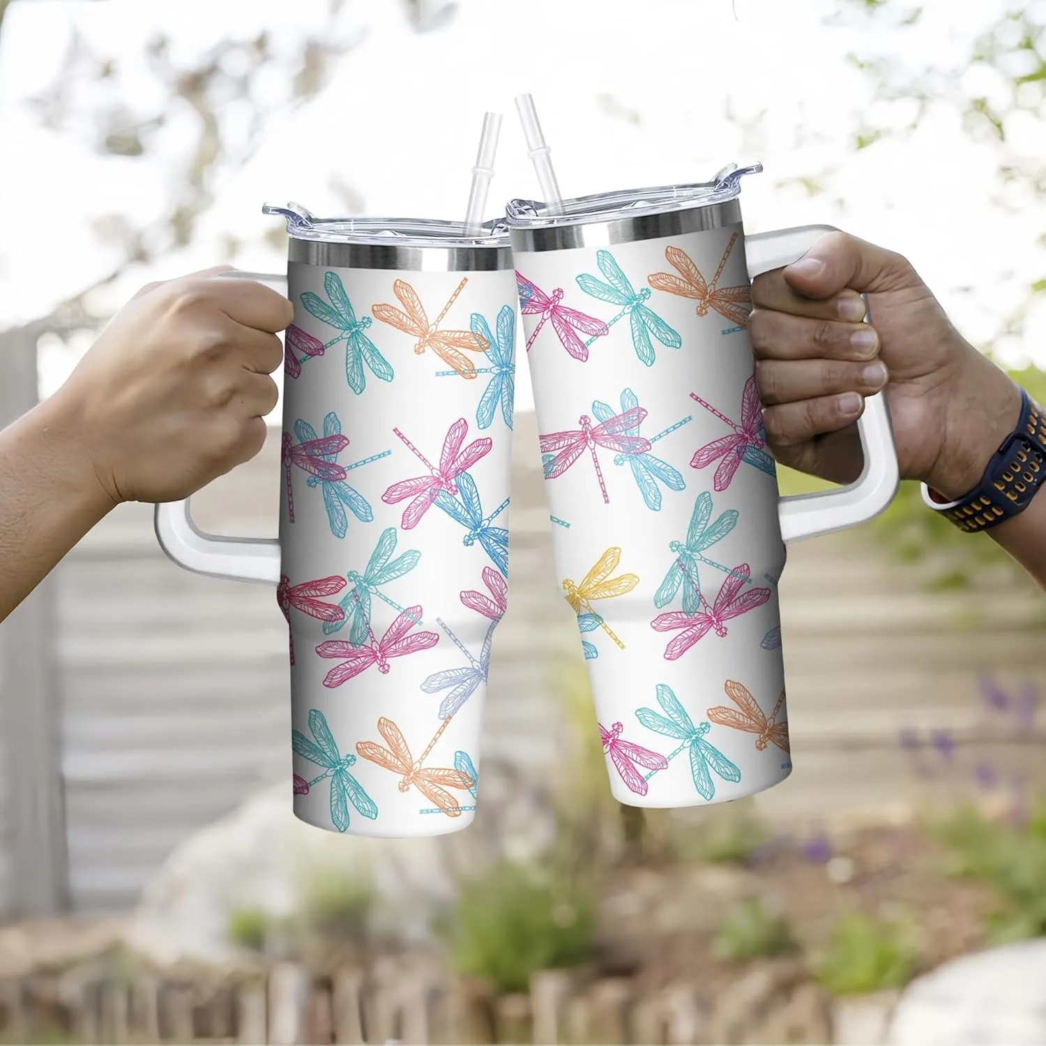 30 oz Dragonfly Tumbler with Handle and Straw, Insulated Stainless Steel Cup with Lid, Travel Coffee Mug Water Bottle, Gifts for Woman Animal Lovers
