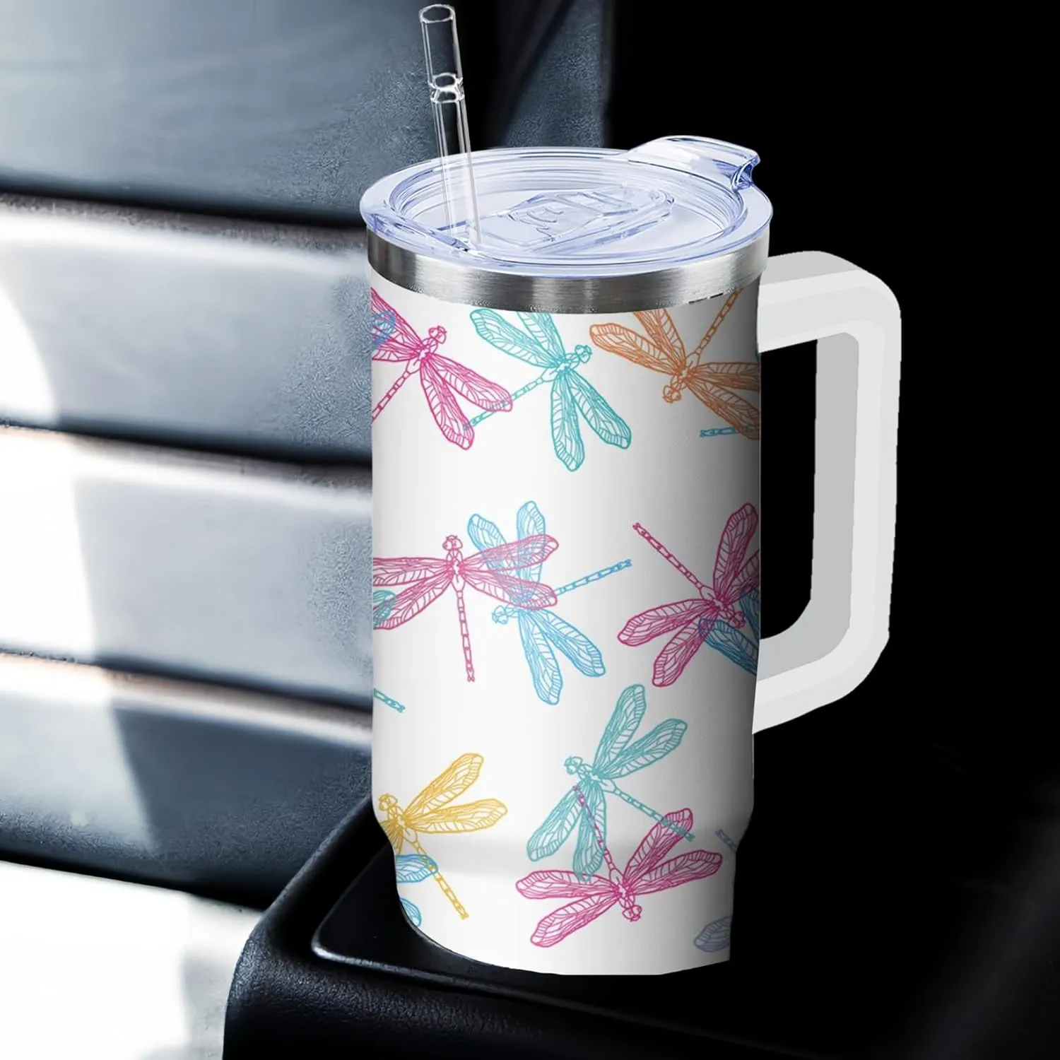 30 oz Dragonfly Tumbler with Handle and Straw, Insulated Stainless Steel Cup with Lid, Travel Coffee Mug Water Bottle, Gifts for Woman Animal Lovers