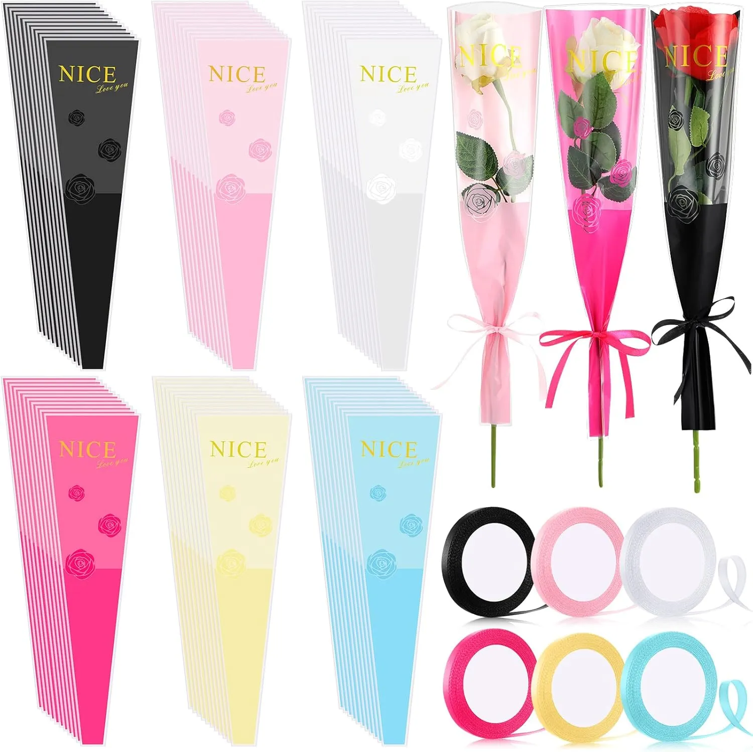 300 Pcs Single Flower Sleeves Wrapping Bags Bulk Nice Love You Single Rose Sleeve Bouquet Bag Waterproof Plastic Florist Packaging Supplies with 6 Ribbon for Wedding Graduation Birthday Father's Day