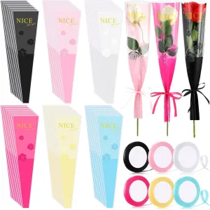 300 Pcs Single Flower Sleeves Wrapping Bags Bulk Nice Love You Single Rose Sleeve Bouquet Bag Waterproof Plastic Florist Packaging Supplies with 6 Ribbon for Wedding Graduation Birthday Father's Day