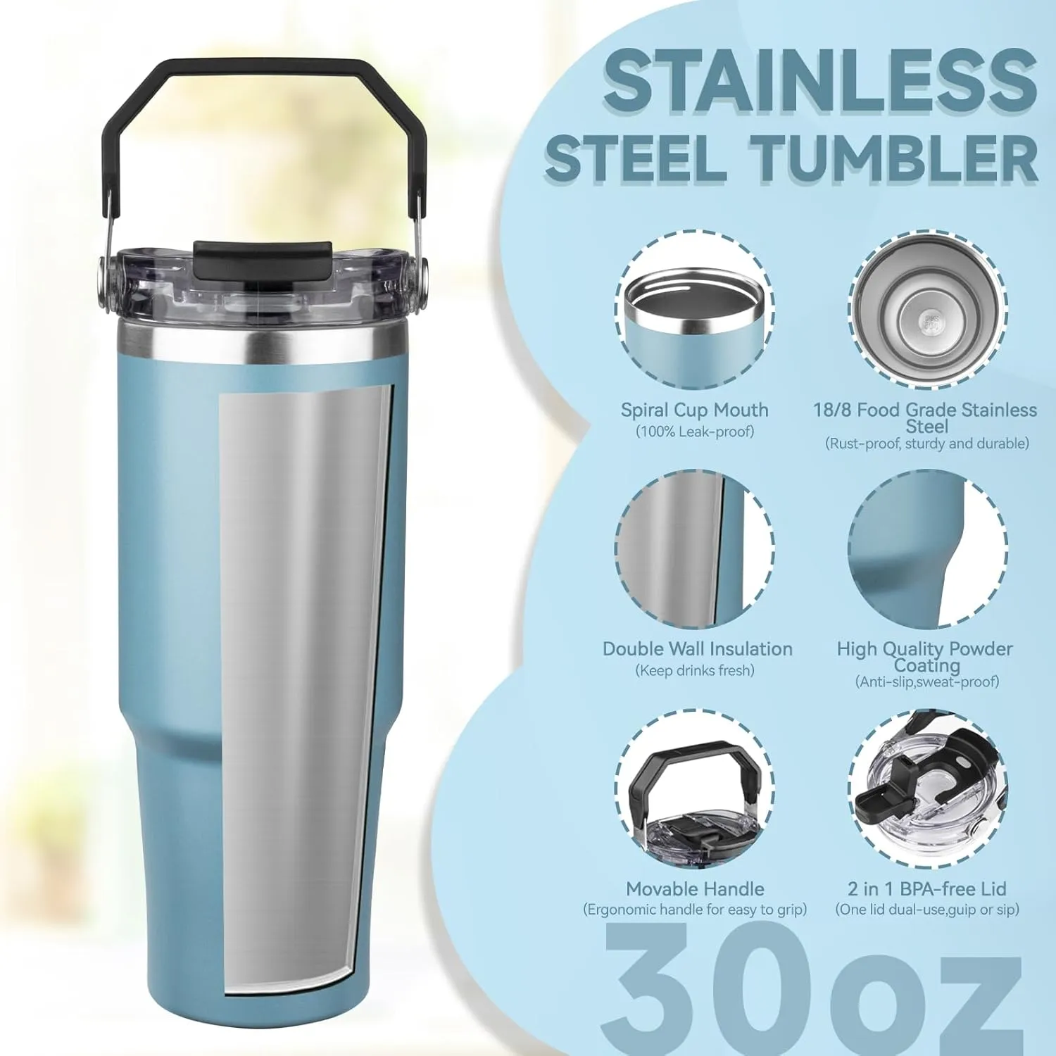 30oz Tumbler with Handle and Flip Straw Lid Double Wall Insulated Travel Coffee Mug Stainless Steel Vacuum Insulated Coffee Tumbler Cup for Hot and Cold Beverages,Leak-proof (30oz,Glacier blue)