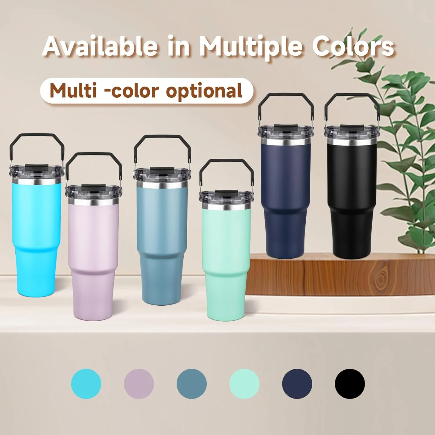 30oz Tumbler with Handle and Flip Straw Lid Double Wall Insulated Travel Coffee Mug Stainless Steel Vacuum Insulated Coffee Tumbler Cup for Hot and Cold Beverages,Leak-proof (30oz,Glacier blue)