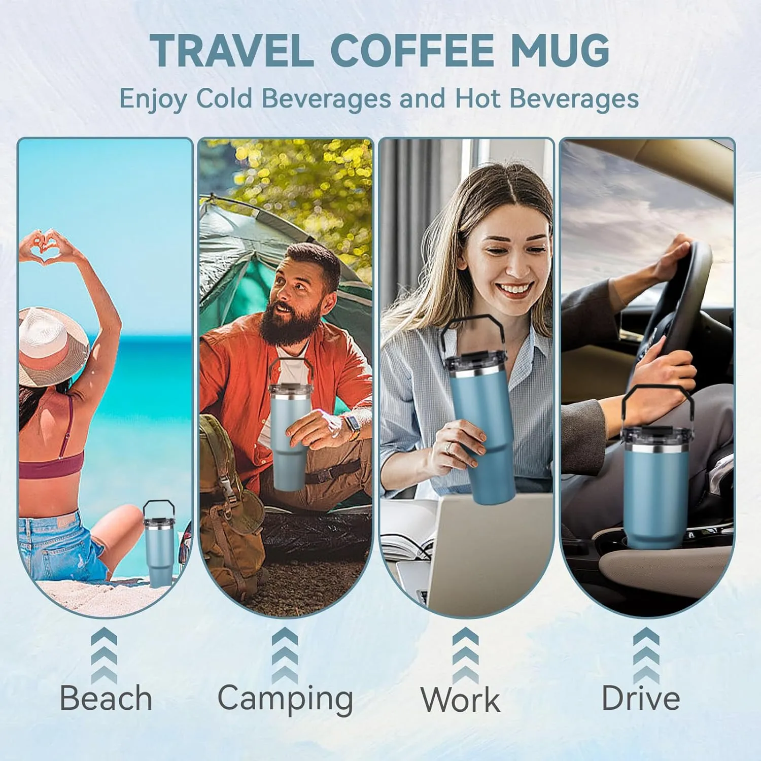 30oz Tumbler with Handle and Flip Straw Lid Double Wall Insulated Travel Coffee Mug Stainless Steel Vacuum Insulated Coffee Tumbler Cup for Hot and Cold Beverages,Leak-proof (30oz,Glacier blue)