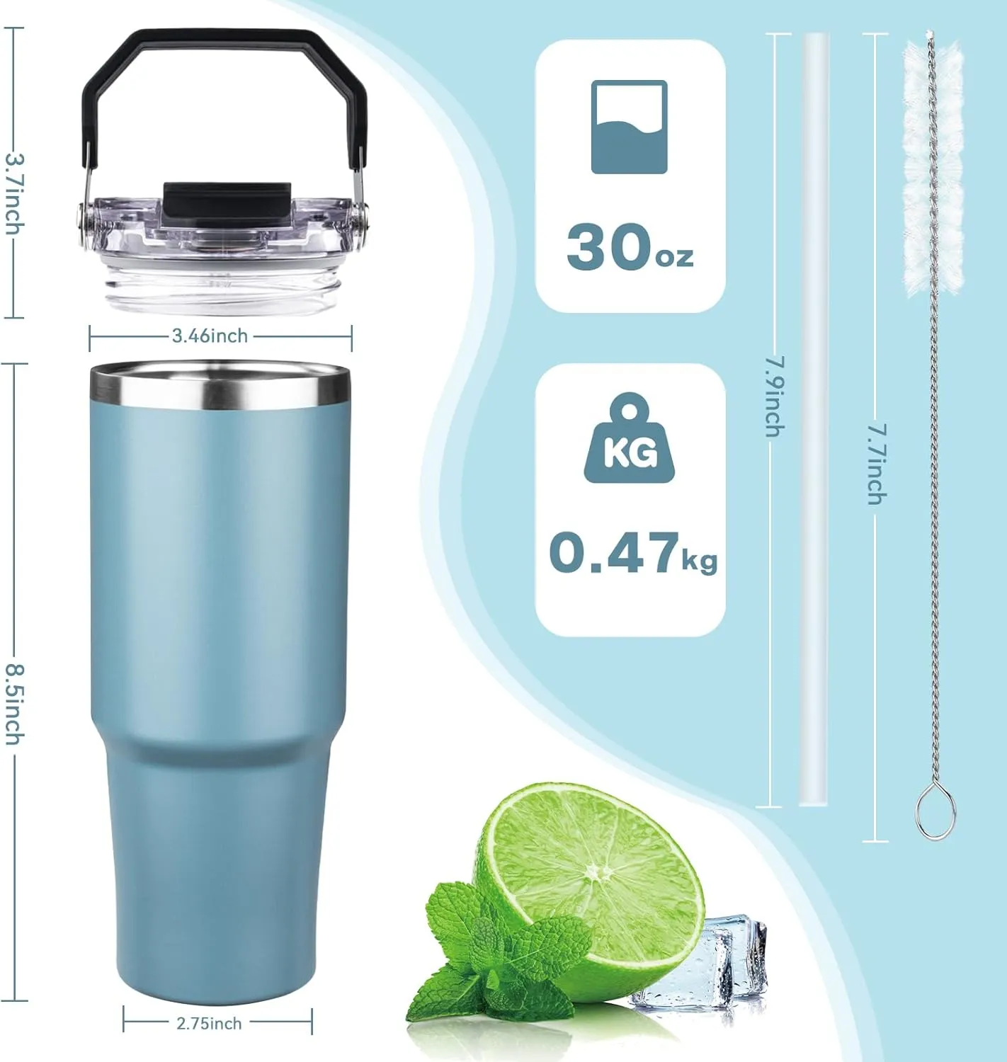 30oz Tumbler with Handle and Flip Straw Lid Double Wall Insulated Travel Coffee Mug Stainless Steel Vacuum Insulated Coffee Tumbler Cup for Hot and Cold Beverages,Leak-proof (30oz,Glacier blue)