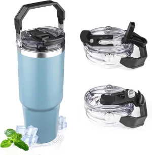 30oz Tumbler with Handle and Flip Straw Lid Double Wall Insulated Travel Coffee Mug Stainless Steel Vacuum Insulated Coffee Tumbler Cup for Hot and Cold Beverages,Leak-proof (30oz,Glacier blue)