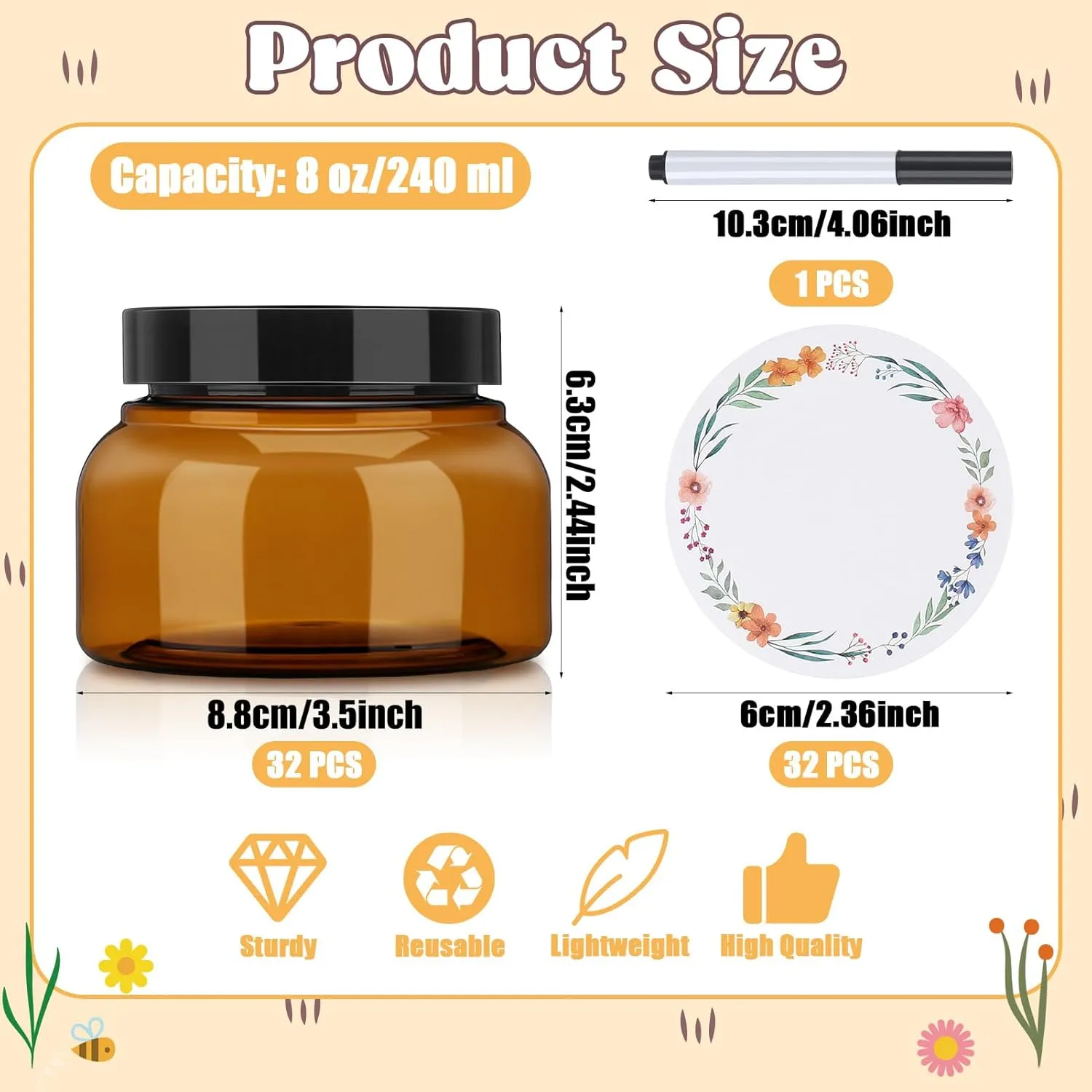 32 Pack 8 oz Plastic Sugar Scrub Containers with Lids, Body Butter Jars Amber Empty Refillable Round Cosmetic Containers for Creams,Lotions,Candy,Bath Salt,Gel