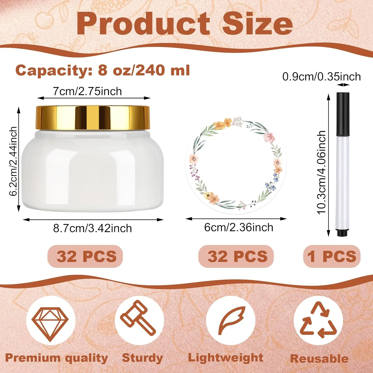 32 Pack 8 oz Plastic Tuscany Jars with Gold Lids, Body Butter Jars Clear Empty Refillable Round Cosmetic Containers with Labels Marker Pens for Creams, Lotions,Sugar Scrubs,Candy,Bath Salt