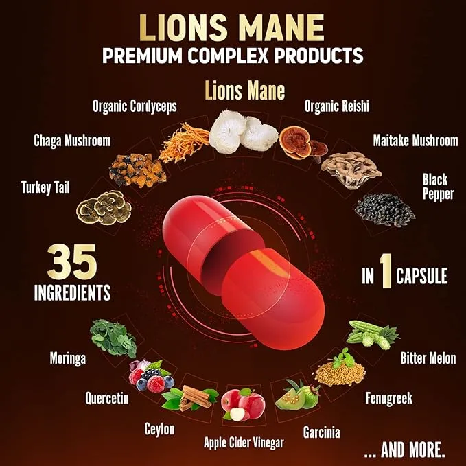 35 in 1 Lions Mane Mushroom 20000mg, with (120 Capsules)