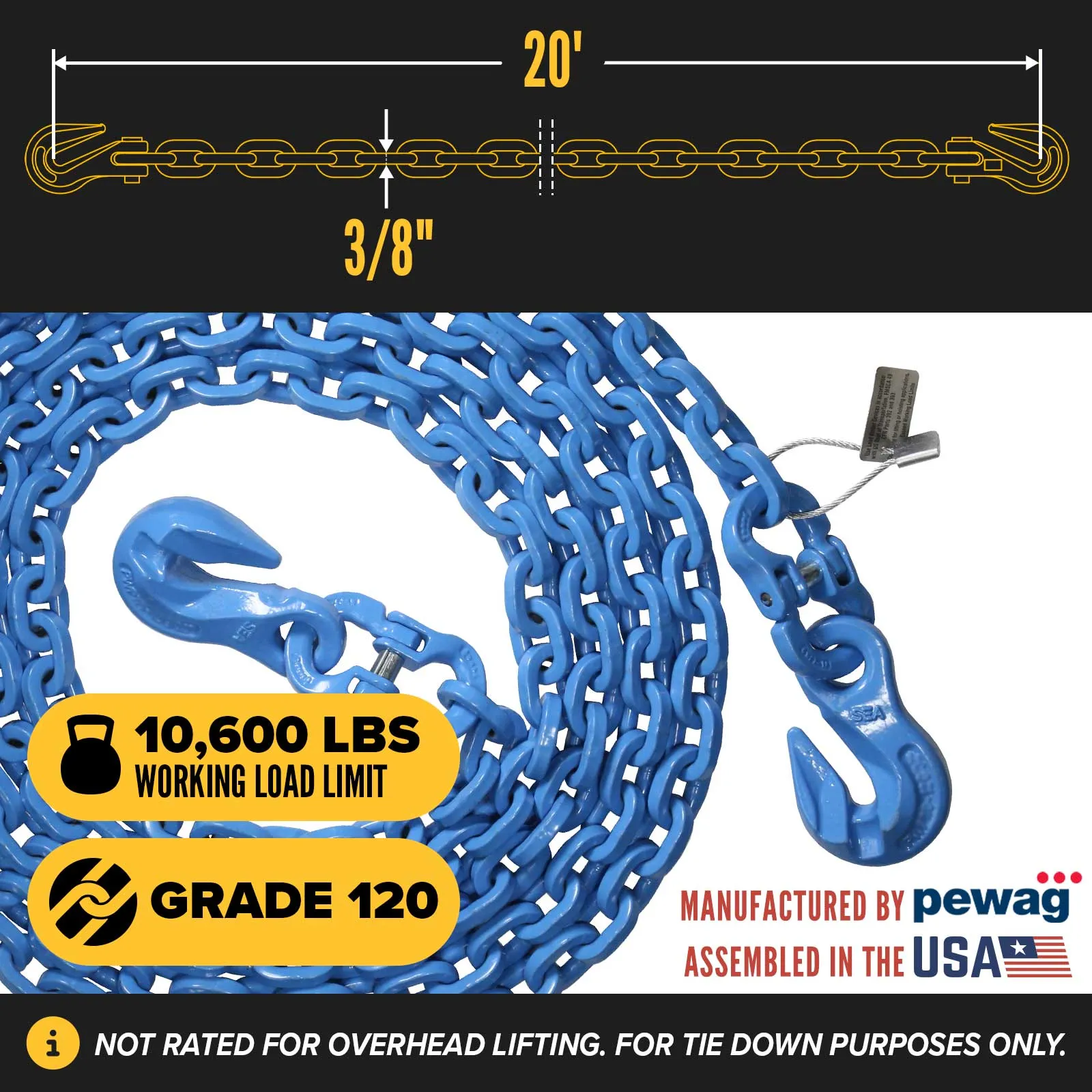 3/8" x 20' Tie Down Chain with Eye Grab Hooks | Grade 120