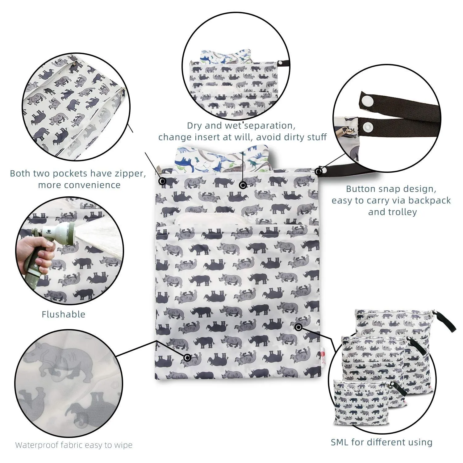 3pcs Cloth Diaper Wet Dry Bags Waterproof Reusable with 2 Zippered Pockets Yoga Bag Gym Bag Dry and Wet Separate Diaper Bag Baby Diaper Bag (Rhinoceros, 3Pcs/Pack(SML))