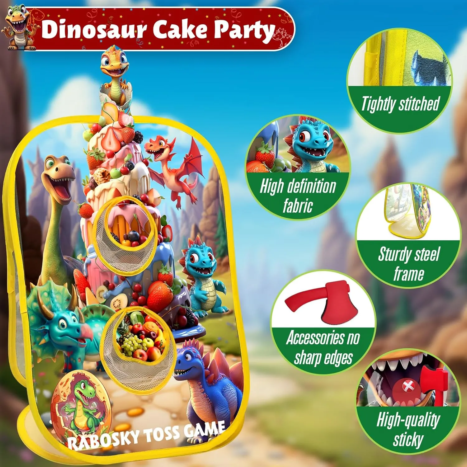 4-in-1 Toddlers Dinosaur Outdoor Toss Game Toys for Kids Ages 3-5 4-8 with 6 Fruit Bean Bags, 2 Axes Throwing, 6 Rings, 6 Sticky Balls, Outside Gifts for Boys Birthday Party Activities Backyard Yard