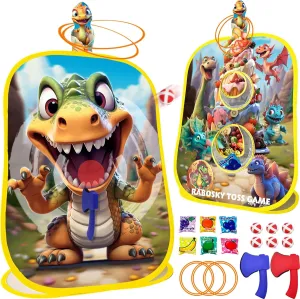 4-in-1 Toddlers Dinosaur Outdoor Toss Game Toys for Kids Ages 3-5 4-8 with 6 Fruit Bean Bags, 2 Axes Throwing, 6 Rings, 6 Sticky Balls, Outside Gifts for Boys Birthday Party Activities Backyard Yard