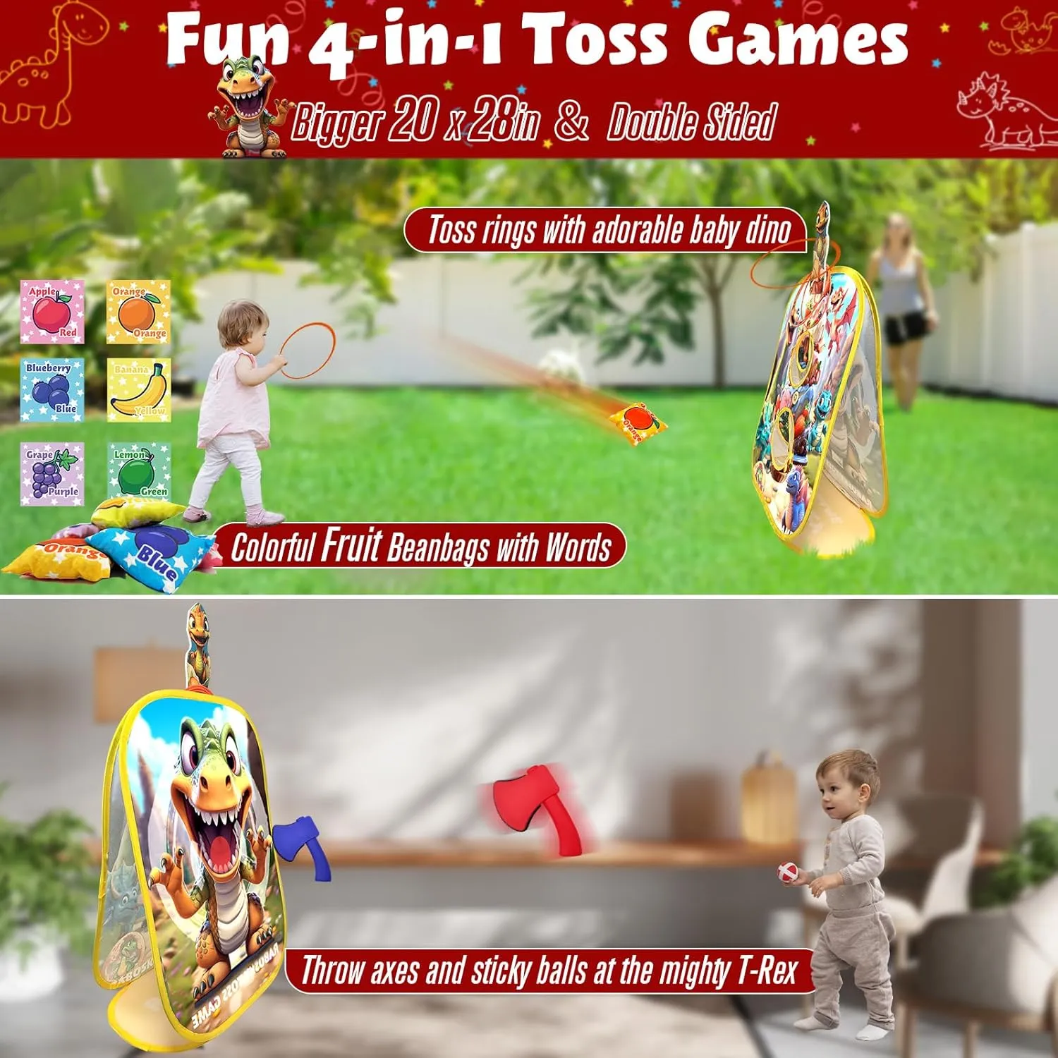 4-in-1 Toddlers Dinosaur Outdoor Toss Game Toys for Kids Ages 3-5 4-8 with 6 Fruit Bean Bags, 2 Axes Throwing, 6 Rings, 6 Sticky Balls, Outside Gifts for Boys Birthday Party Activities Backyard Yard