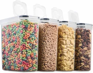 4 Pack Airtight Cereal & Dry Food Storage Container - BPA Free Plastic Kitchen and Pantry Organization Canisters for, Flour, Sugar, Rice, Nuts, Snacks, Pet Food & More (4L, 16.9 Cup, 135.5 Ounce