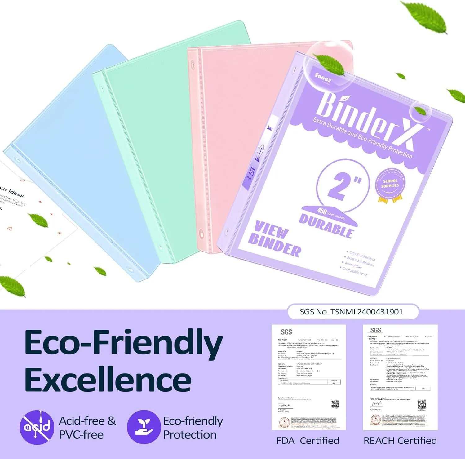 4 Pack Extra Durable 3 Ring Binders 2 Inch, Sooez 2” Three Ring Binder, Eco-Friendly & PVC Free, Customizable Clear View Cover for Letter Size 8.5 x 11'' Paper, Pastel School Office Supplies for Girl