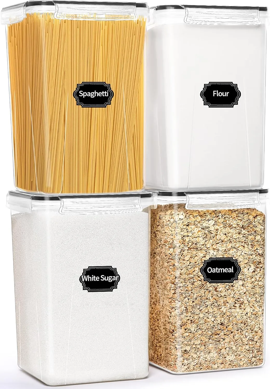 4 Pack Extra Large Airtight Food Storage Containers with Lids (6.5L / 220 oz), BPA Free Plastic Kitchen and Pantry Organization Contianers for Cereal Flour and Sugar Storage, Labels & Marker