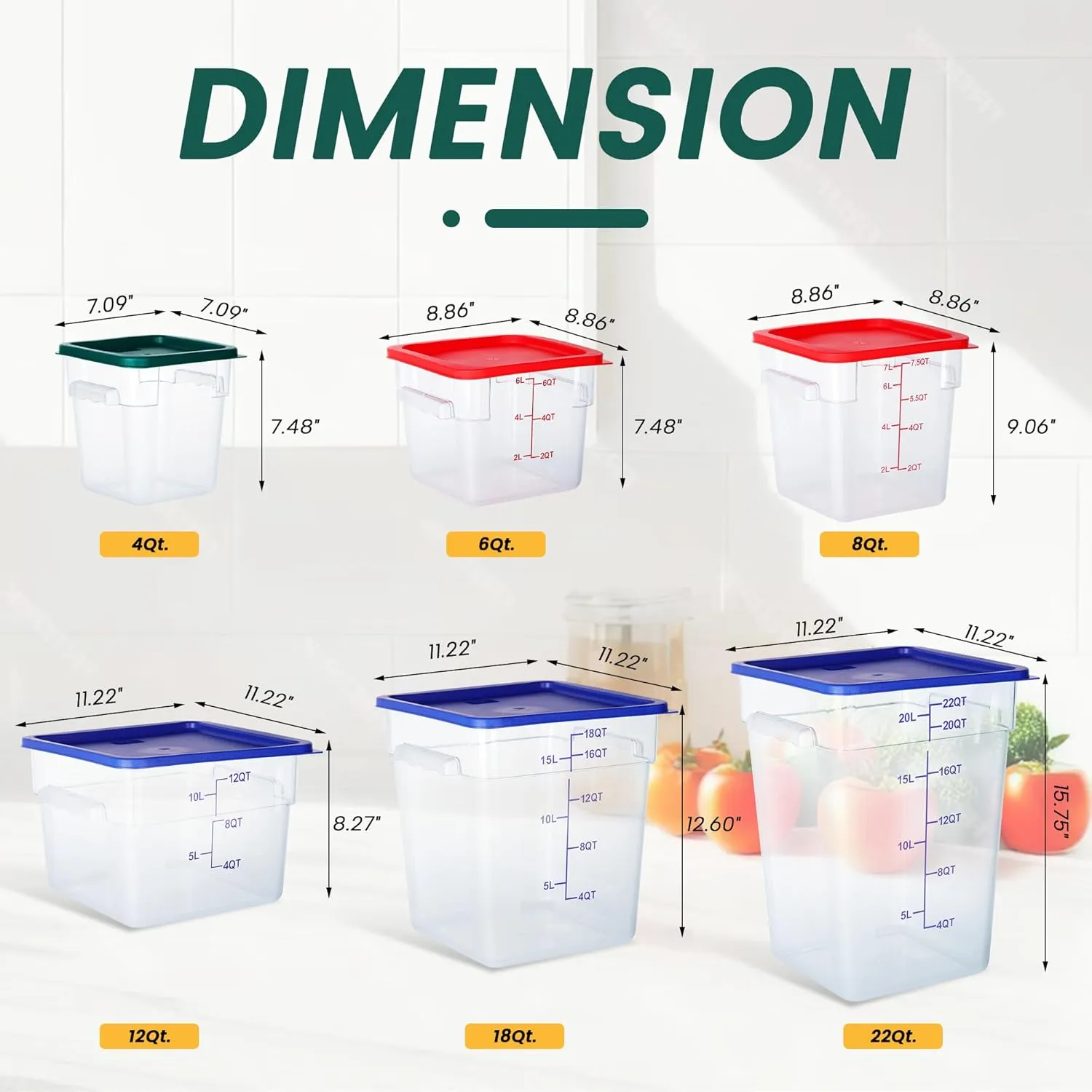 4 Pack Food Storage Containers, 4 Quart with Lids, Square Commercial Containers with Scale, Clear NSF Food Organizing, Polycarbonate