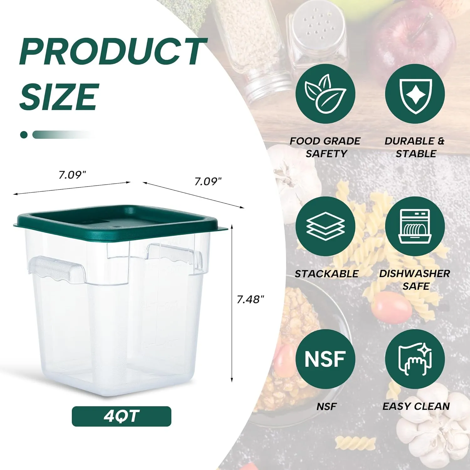 4 Pack Food Storage Containers, 4 Quart with Lids, Square Commercial Containers with Scale, Clear NSF Food Organizing, Polycarbonate