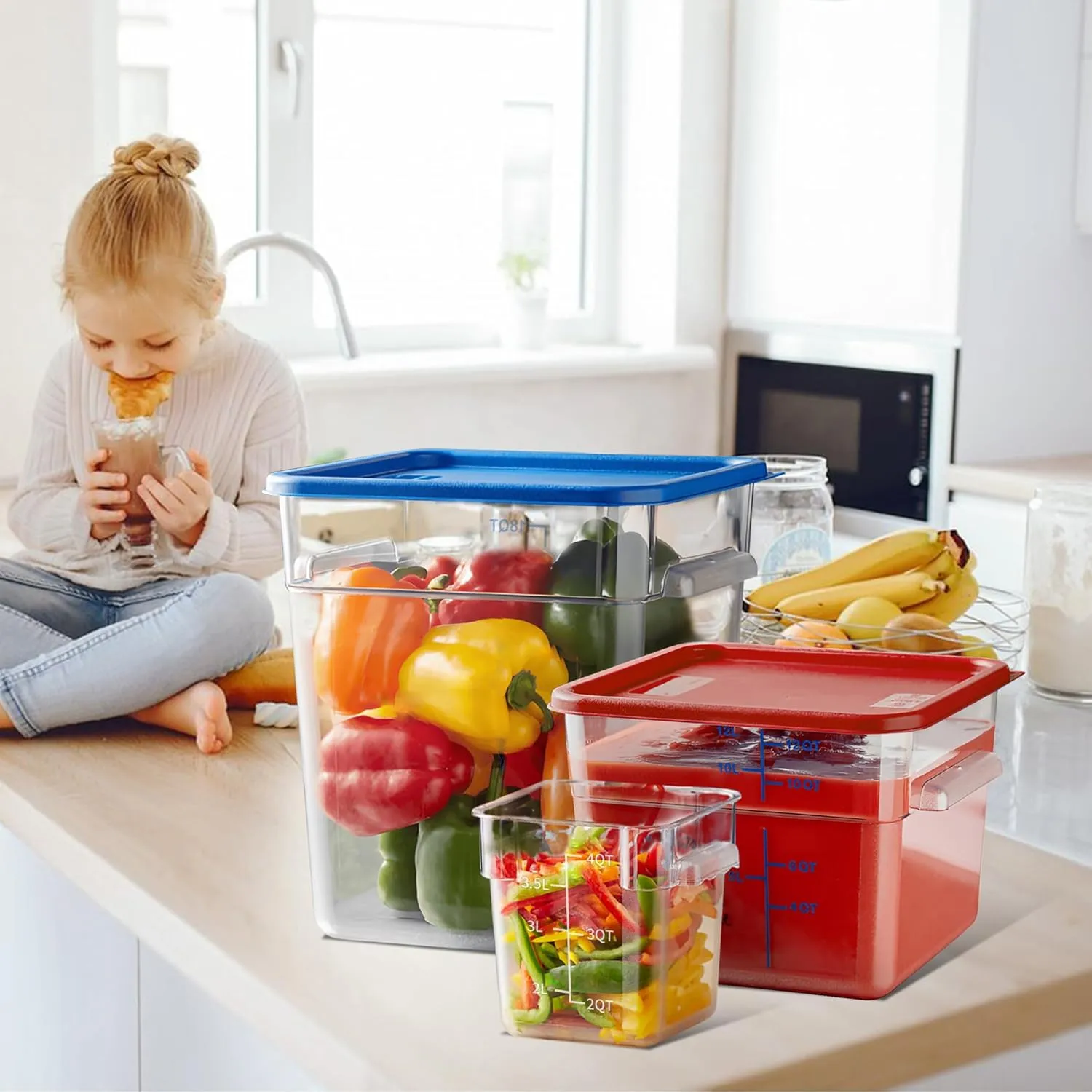 4 Pack Food Storage Containers, 4 Quart with Lids, Square Commercial Containers with Scale, Clear NSF Food Organizing, Polycarbonate