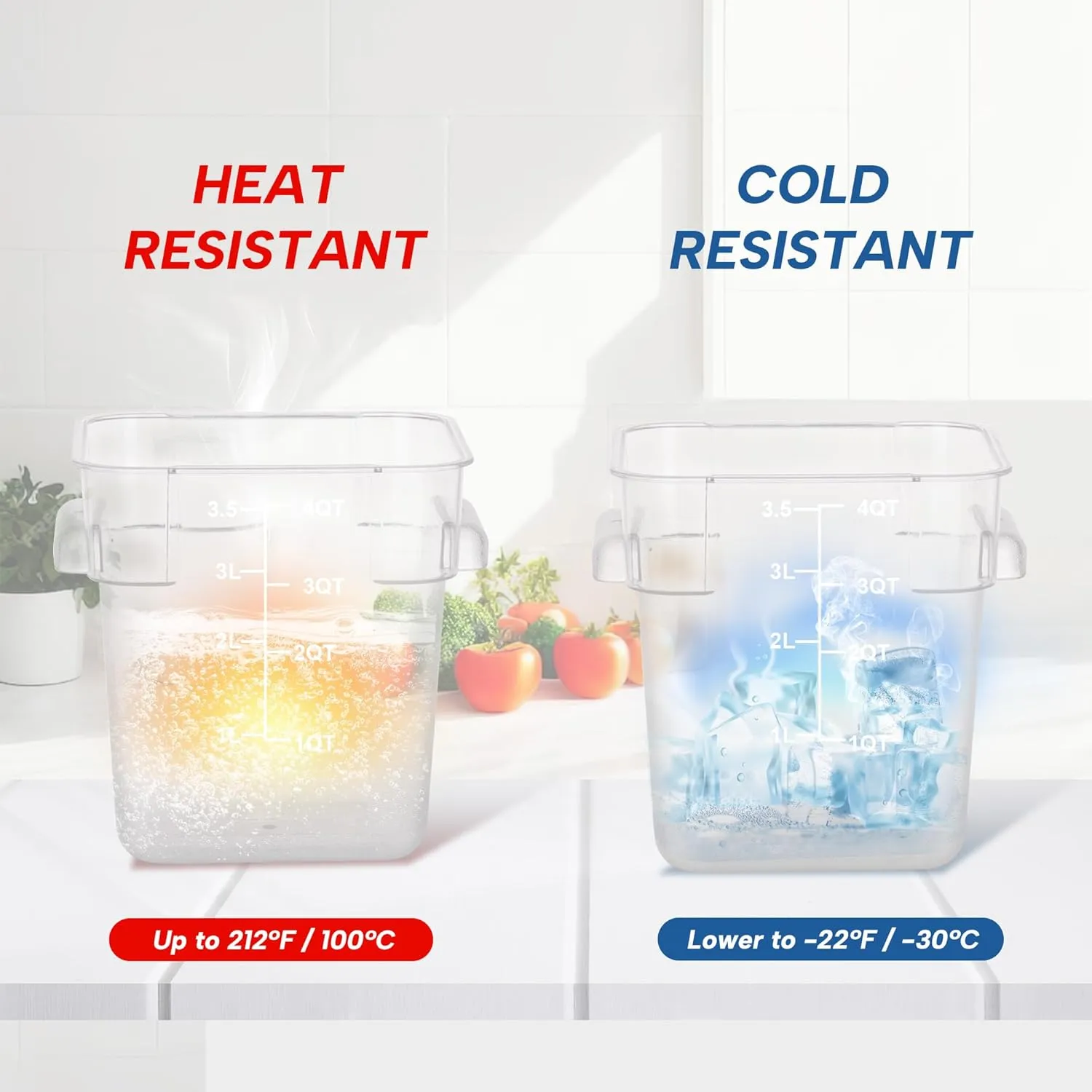 4 Pack Food Storage Containers, 4 Quart with Lids, Square Commercial Containers with Scale, Clear NSF Food Organizing, Polycarbonate