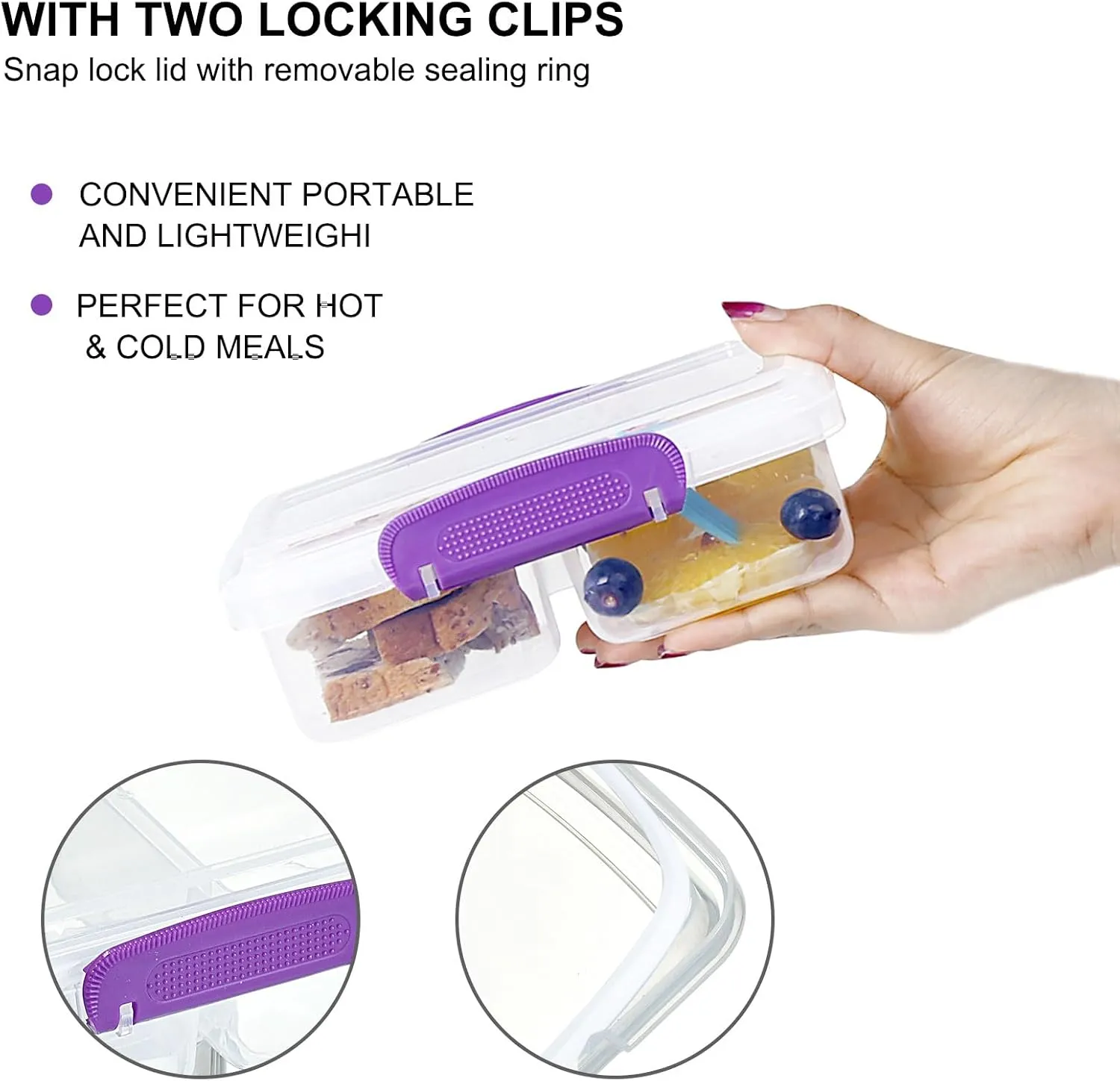 4 Pack Plastic Snack Containers with Lids, 2 Compartment Food Container for Kids Snack Box, Travel Bento Lunch Containers with forks for Fruits/Candies, Divided Food Storage Containers for School