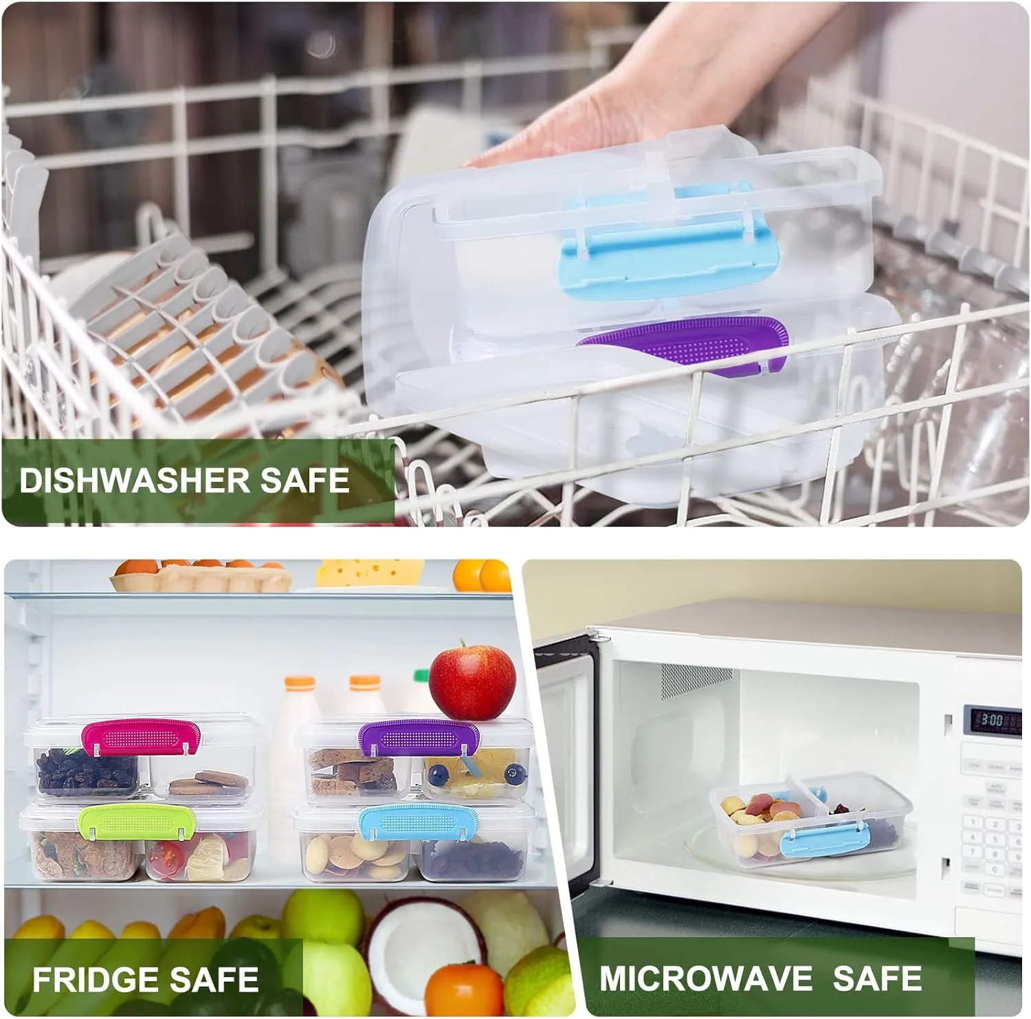 4 Pack Plastic Snack Containers with Lids, 2 Compartment Food Container for Kids Snack Box, Travel Bento Lunch Containers with forks for Fruits/Candies, Divided Food Storage Containers for School