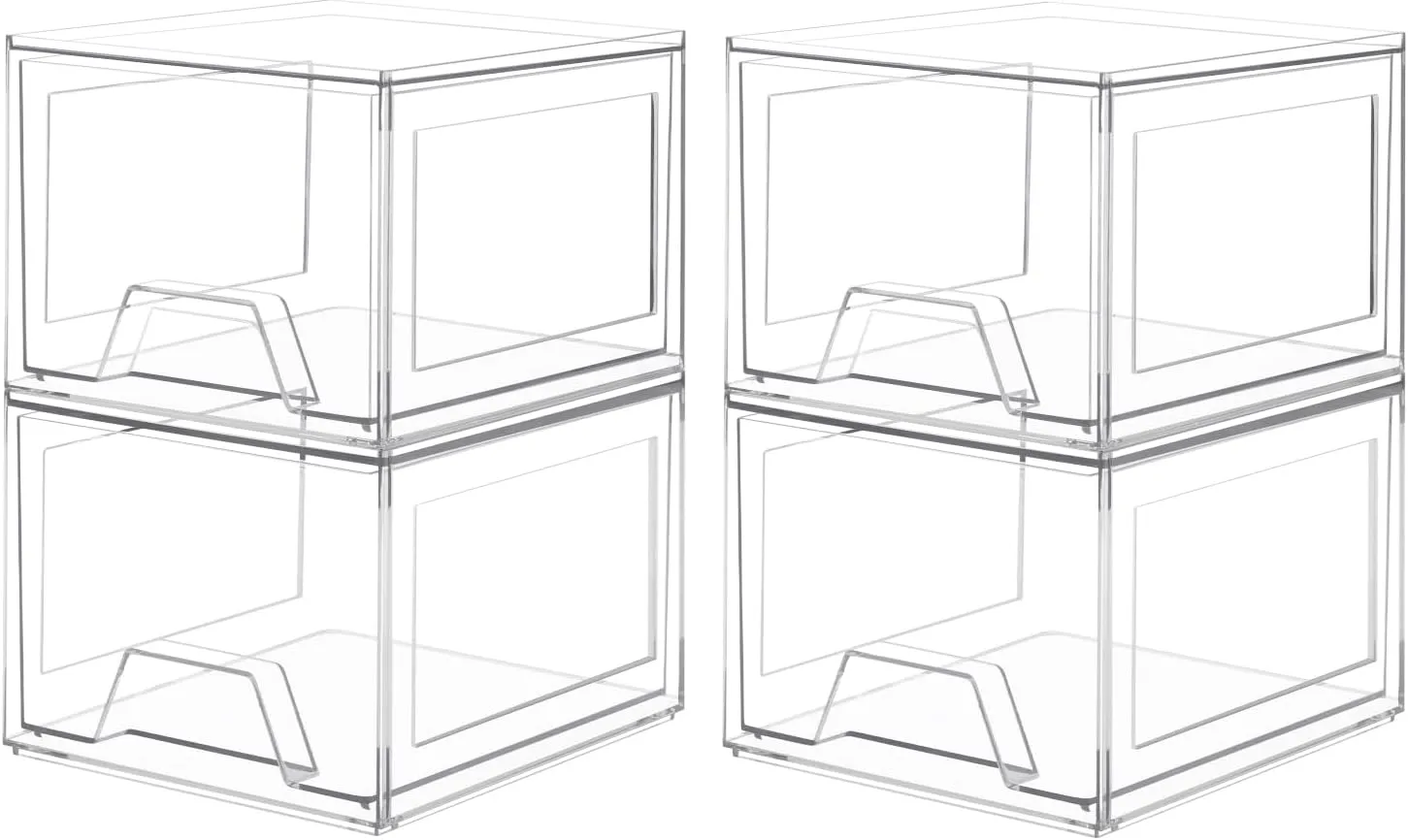 4 Pack Stackable Organizer Drawers, 4.4" Tall Clear Bathroom Makeup Organizer and Storage, Acrylic Small Organizers Bins for Vanity, Undersink, Bathroom, Pantry, Kitchen Cabinets