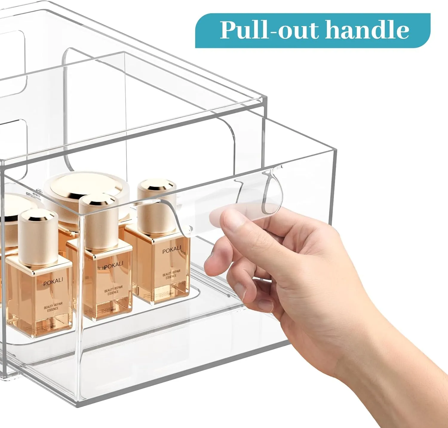 4 Pack Stackable Plastic Makeup Organizer Drawers, Acrylic Organizers, Clear Storage Bins with Pull-Out Handles for Vanity, Kitchen Cabinets, Pantry