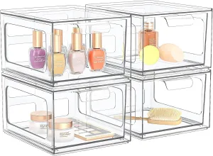 4 Pack Stackable Plastic Makeup Organizer Drawers, Acrylic Organizers, Clear Storage Bins with Pull-Out Handles for Vanity, Kitchen Cabinets, Pantry