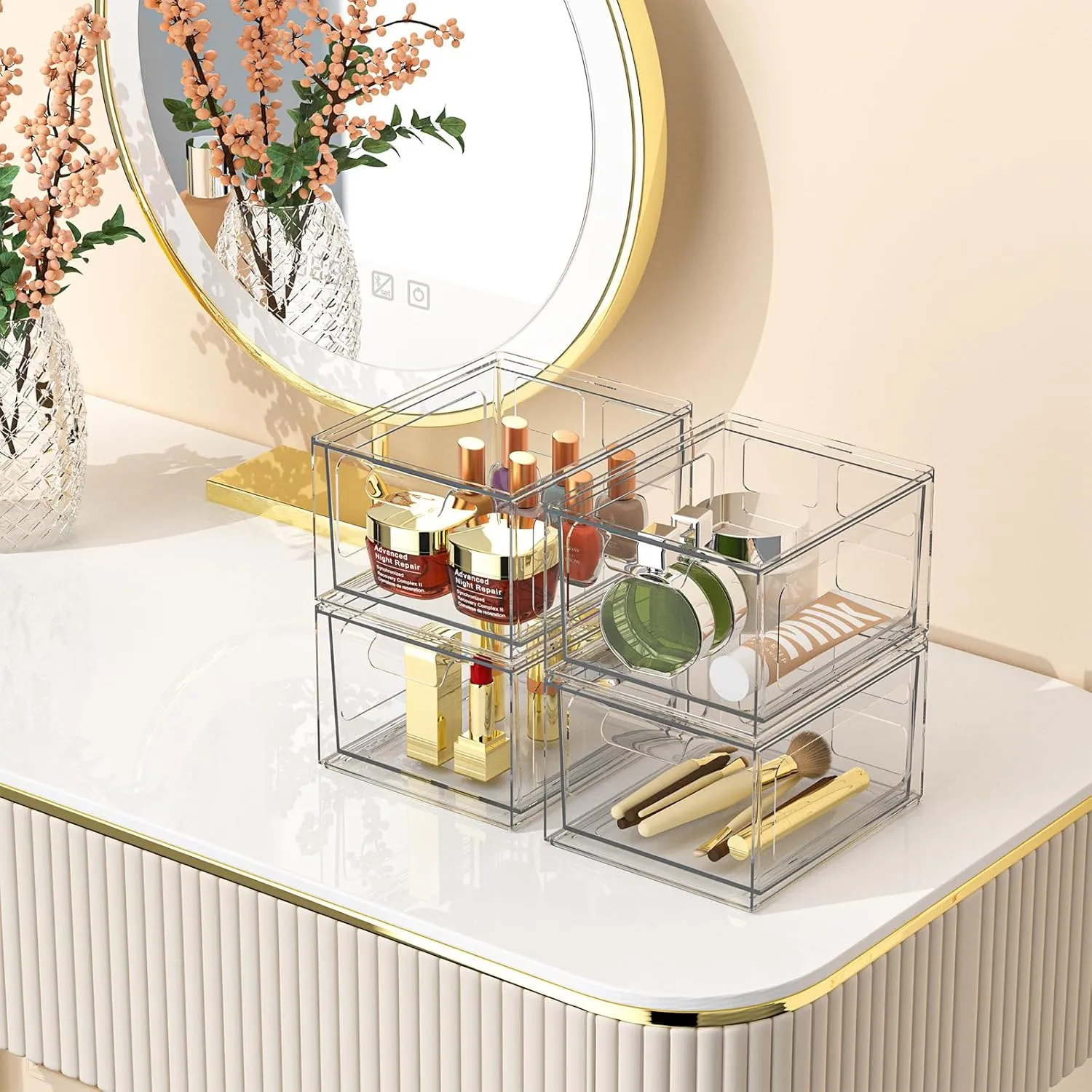 4 Pack Stackable Plastic Makeup Organizer Drawers, Acrylic Organizers, Clear Storage Bins with Pull-Out Handles for Vanity, Kitchen Cabinets, Pantry