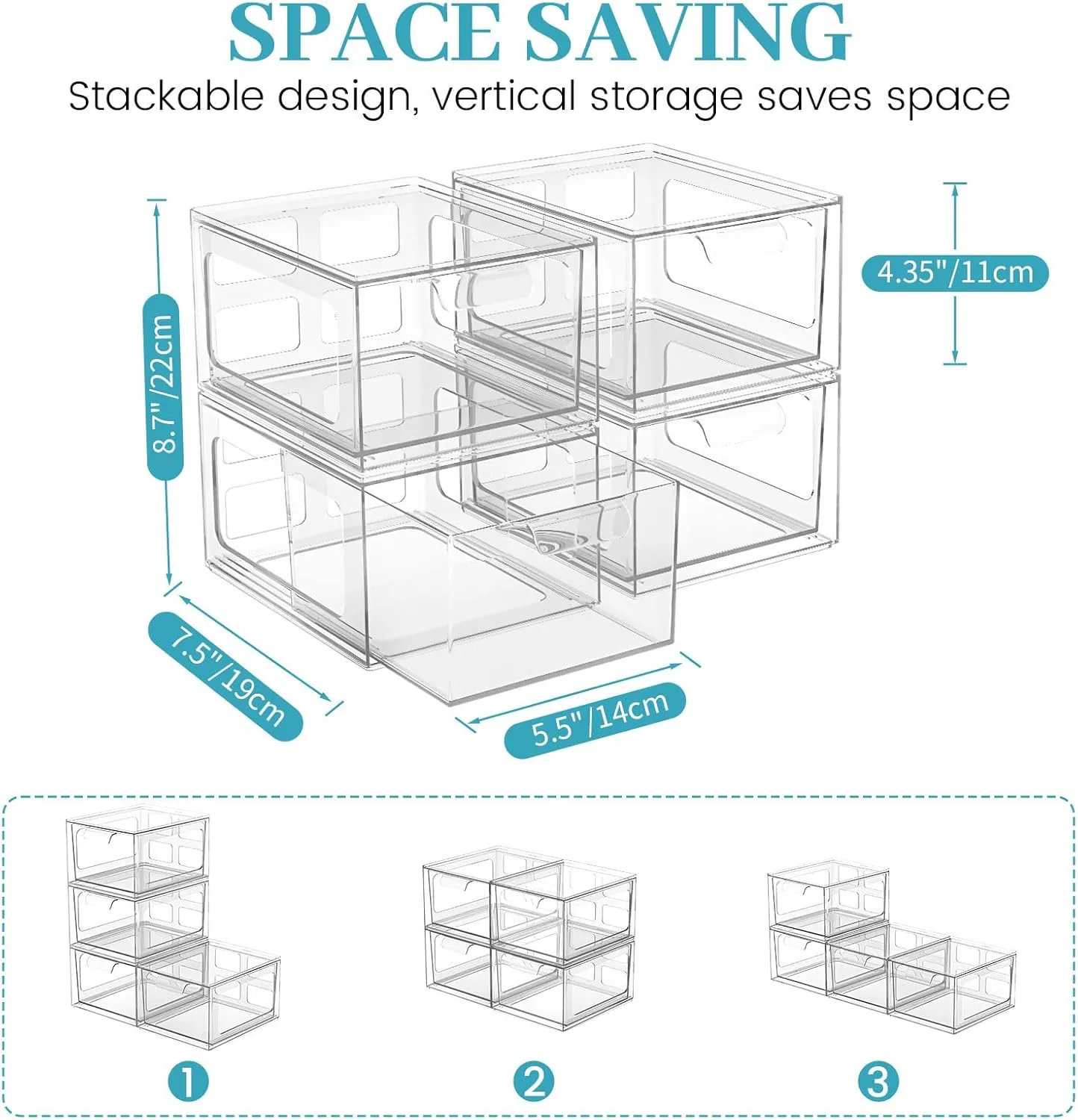 4 Pack Stackable Plastic Makeup Organizer Drawers, Acrylic Organizers, Clear Storage Bins with Pull-Out Handles for Vanity, Kitchen Cabinets, Pantry