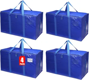 4 Packs Heavy Duty Moving Bags Extra Large Packing Bags 93L Waterproof Moving Storage Bags with Strong Carrying Handles and Zippers Foldable Space Saving Blue