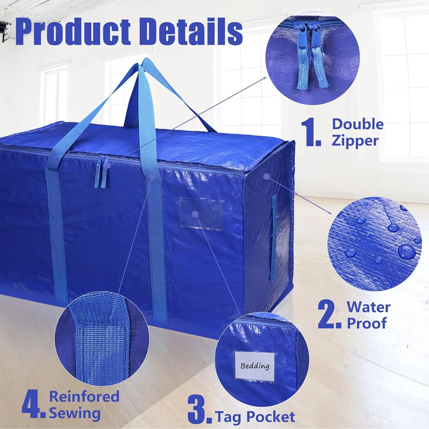 4 Packs Heavy Duty Moving Bags Extra Large Packing Bags 93L Waterproof Moving Storage Bags with Strong Carrying Handles and Zippers Foldable Space Saving Blue