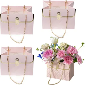 4 Pcs Flower Paper Gift Box, Waterproof Bouquet Storage Bucket Florist Handbag with Metal Chain Flower Boxes for Arrangements for Wedding Mother's Day Birthday Bridal Shower Gift Wrap Craft (Pink)
