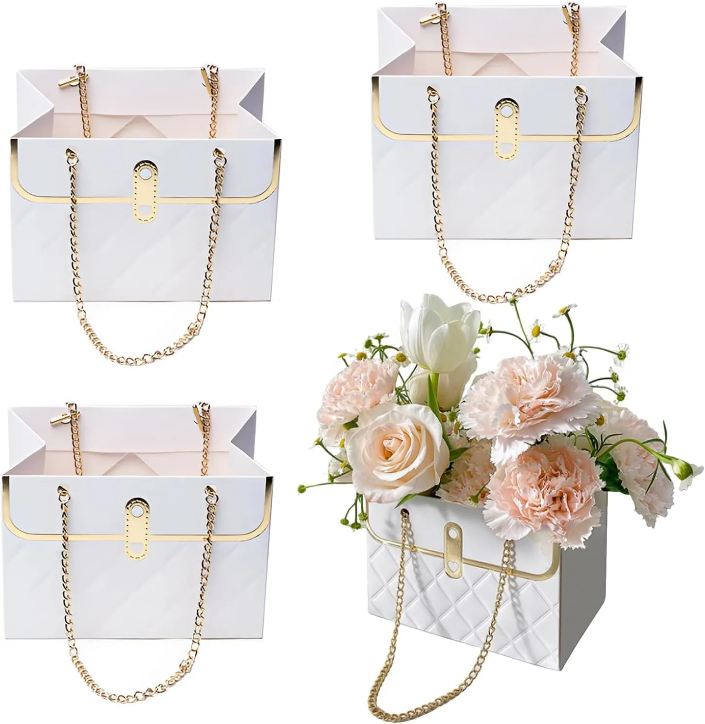4 Pcs Flower Paper Gift Box, Waterproof Bouquet Storage Bucket Florist Handbag with Metal Chain Flower Boxes for Arrangements for Wedding Mother's Day Birthday Bridal Shower Gift Wrap Craft (White)