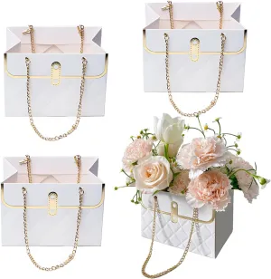 4 Pcs Flower Paper Gift Box, Waterproof Bouquet Storage Bucket Florist Handbag with Metal Chain Flower Boxes for Arrangements for Wedding Mother's Day Birthday Bridal Shower Gift Wrap Craft (White)