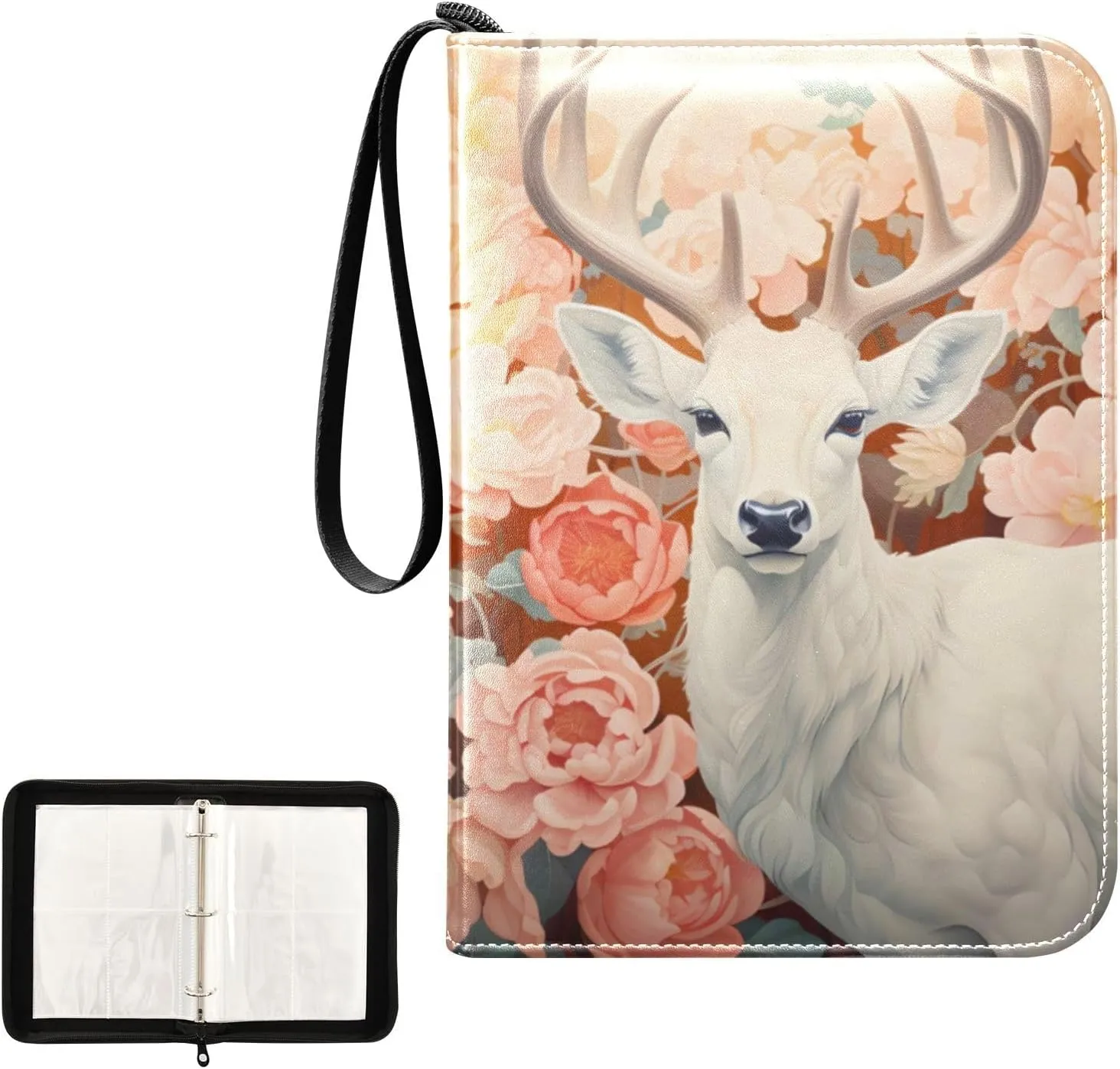 4 Pockets Trading Card Album Holder Book Folder Sports Card Binder Deer Flower 400 Double Side Pockets for 3 Ring Binder Zipper