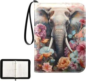 4 Pockets Trading Card Album Holder Book Folder Sports Card Binder Elephant Flower 400 Double Side Pockets for 3 Ring Binder Zipper