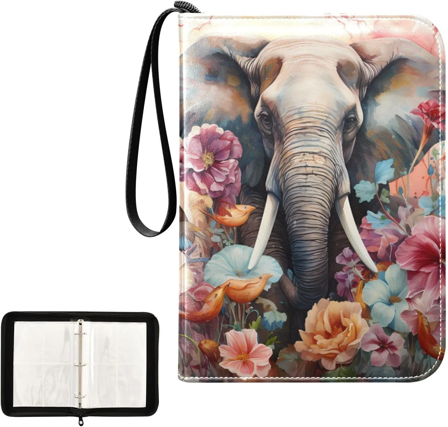 4 Pockets Trading Card Album Holder Book Folder Sports Card Binder Elephant Flower 400 Double Side Pockets for 3 Ring Binder Zipper