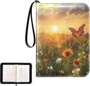 4 Pockets Trading Card Album Holder Book Folder Sports Card Binder Flower Butterfly Sunset 400 Double Side Pockets for 3 Ring Binder Zipper