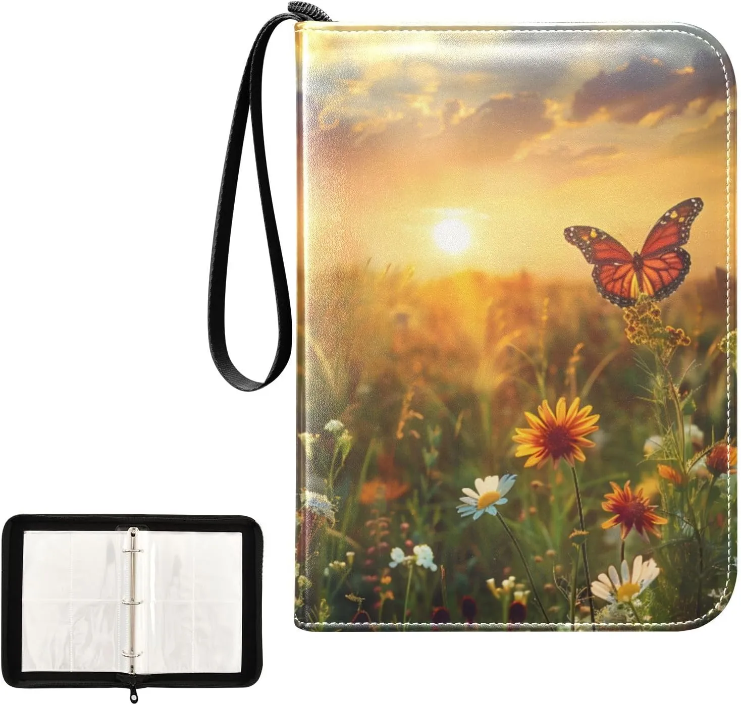 4 Pockets Trading Card Album Holder Book Folder Sports Card Binder Flower Butterfly Sunset 400 Double Side Pockets for 3 Ring Binder Zipper