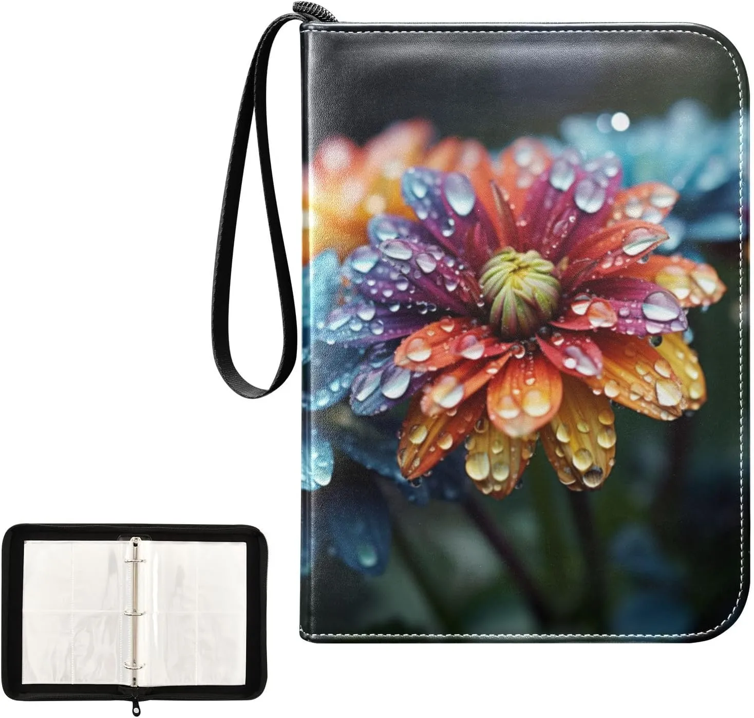 4 Pockets Trading Card Album Holder Book Folder Sports Card Binder Flower Dew 400 Double Side Pockets for 3 Ring Binder Zipper