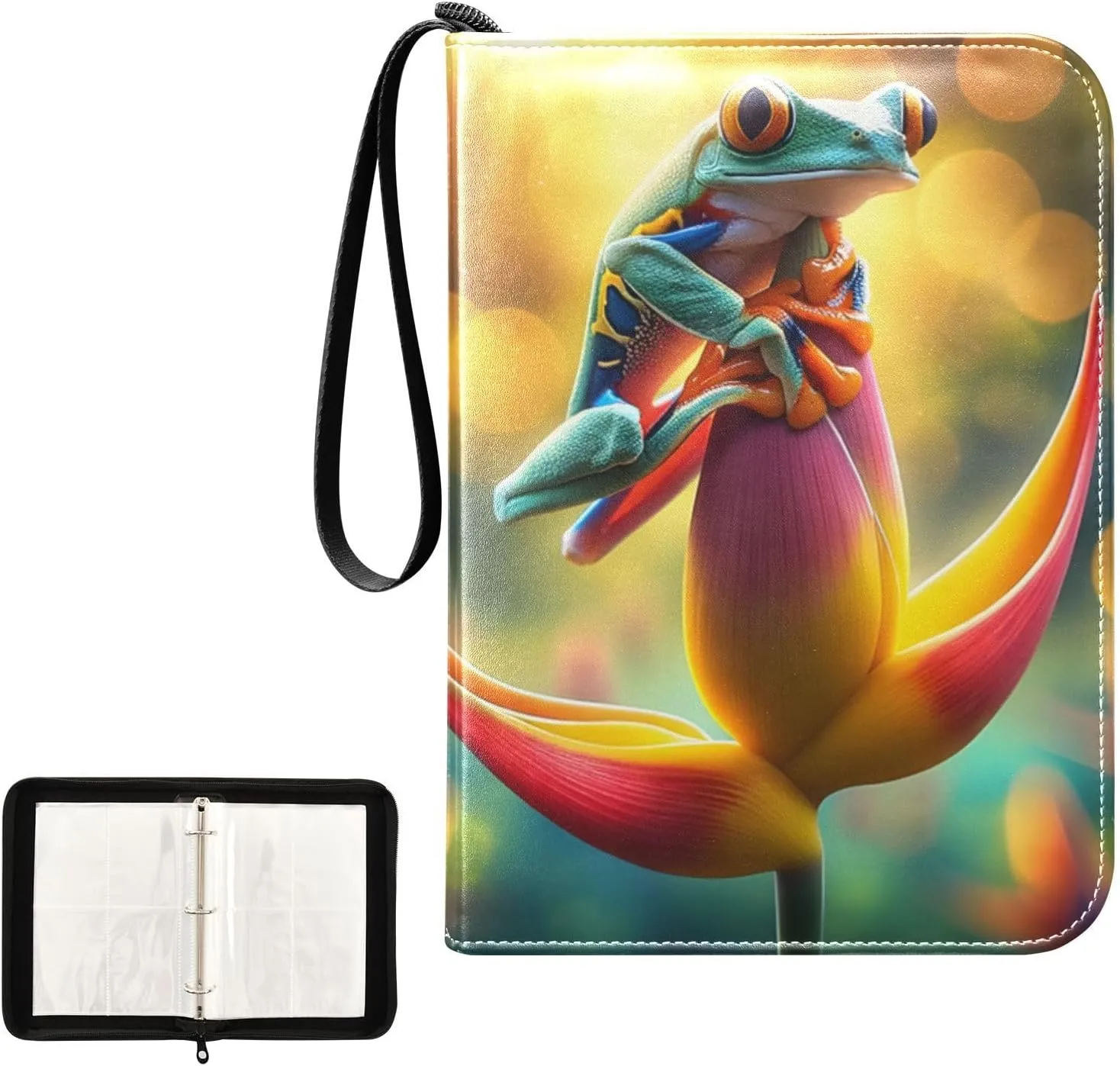 4 Pockets Trading Card Album Holder Book Folder Sports Card Binder Frog on A Flower 400 Double Side Pockets for 3 Ring Binder Zipper