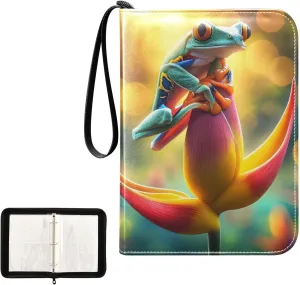 4 Pockets Trading Card Album Holder Book Folder Sports Card Binder Frog on A Flower 400 Double Side Pockets for 3 Ring Binder Zipper