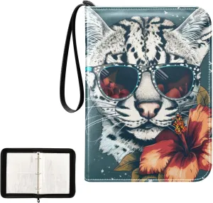 4 Pockets Trading Card Album Holder Book Folder Sports Card Binder Leopard Flower Sunlasses 400 Double Side Pockets for 3 Ring Binder Zipper