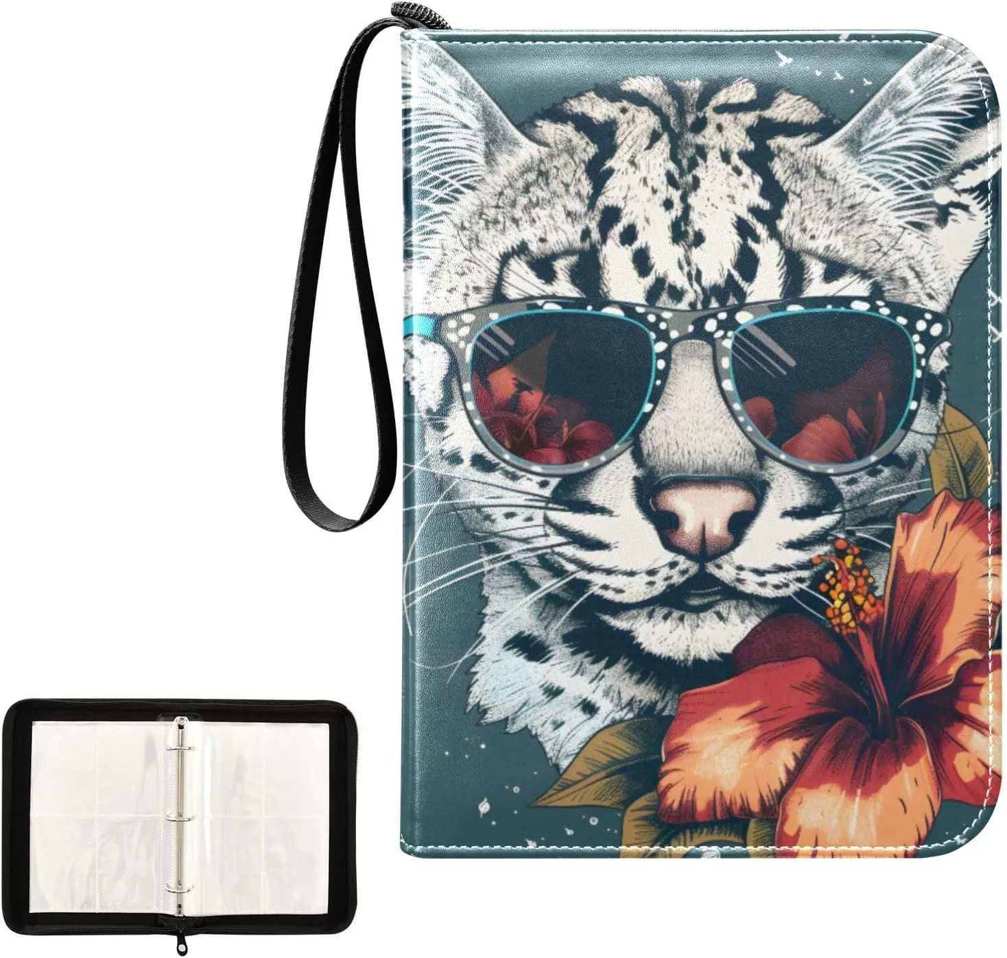 4 Pockets Trading Card Album Holder Book Folder Sports Card Binder Leopard Flower Sunlasses 400 Double Side Pockets for 3 Ring Binder Zipper