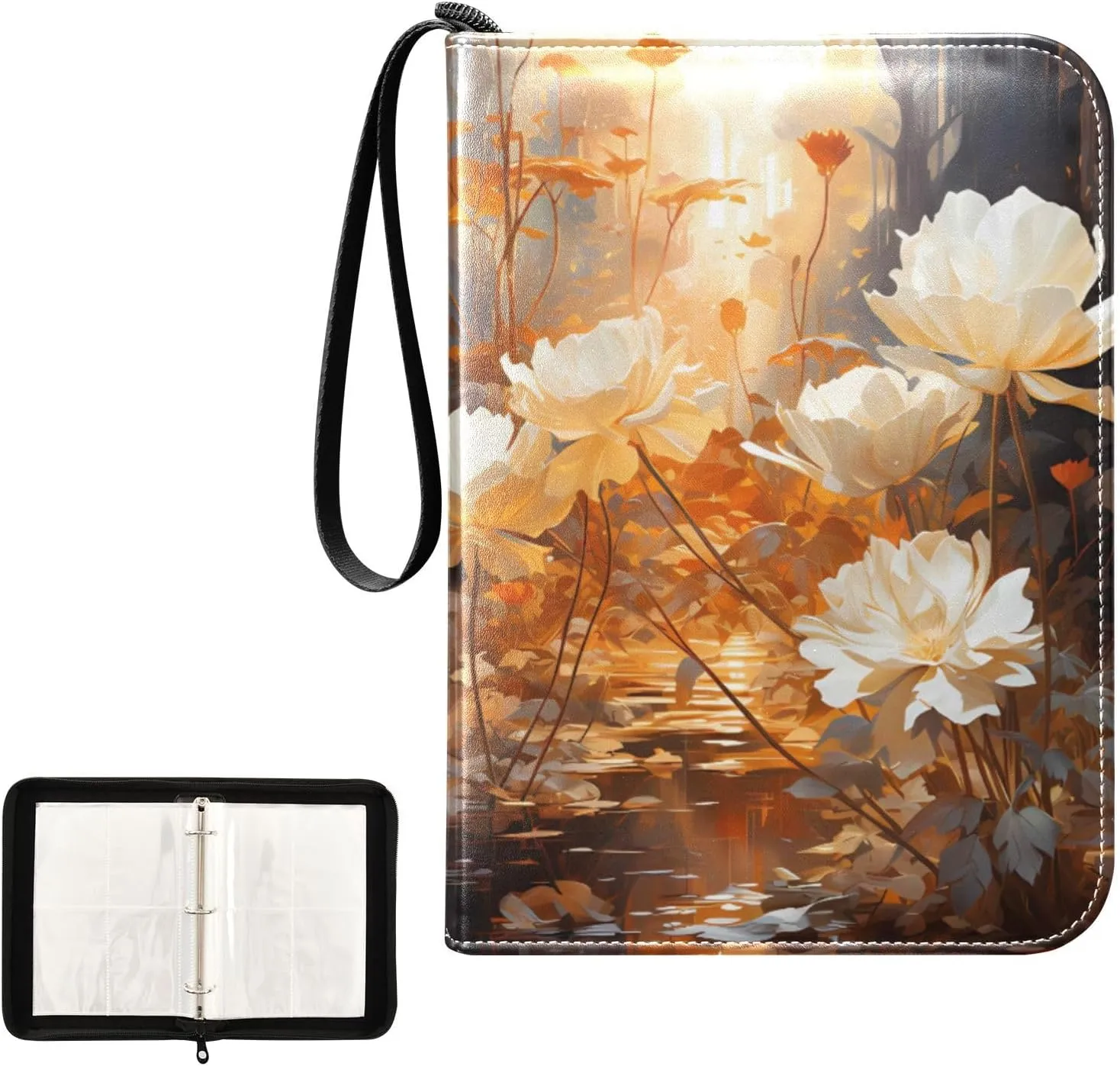 4 Pockets Trading Card Album Holder Book Folder Sports Card Binder Orange Flower 400 Double Side Pockets for 3 Ring Binder Zipper