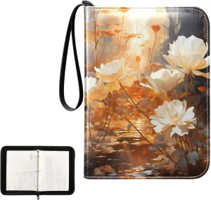 4 Pockets Trading Card Album Holder Book Folder Sports Card Binder Orange Flower 400 Double Side Pockets for 3 Ring Binder Zipper
